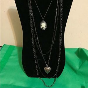 Black & Cream Flower Cameo & Vine-Heart Necklace